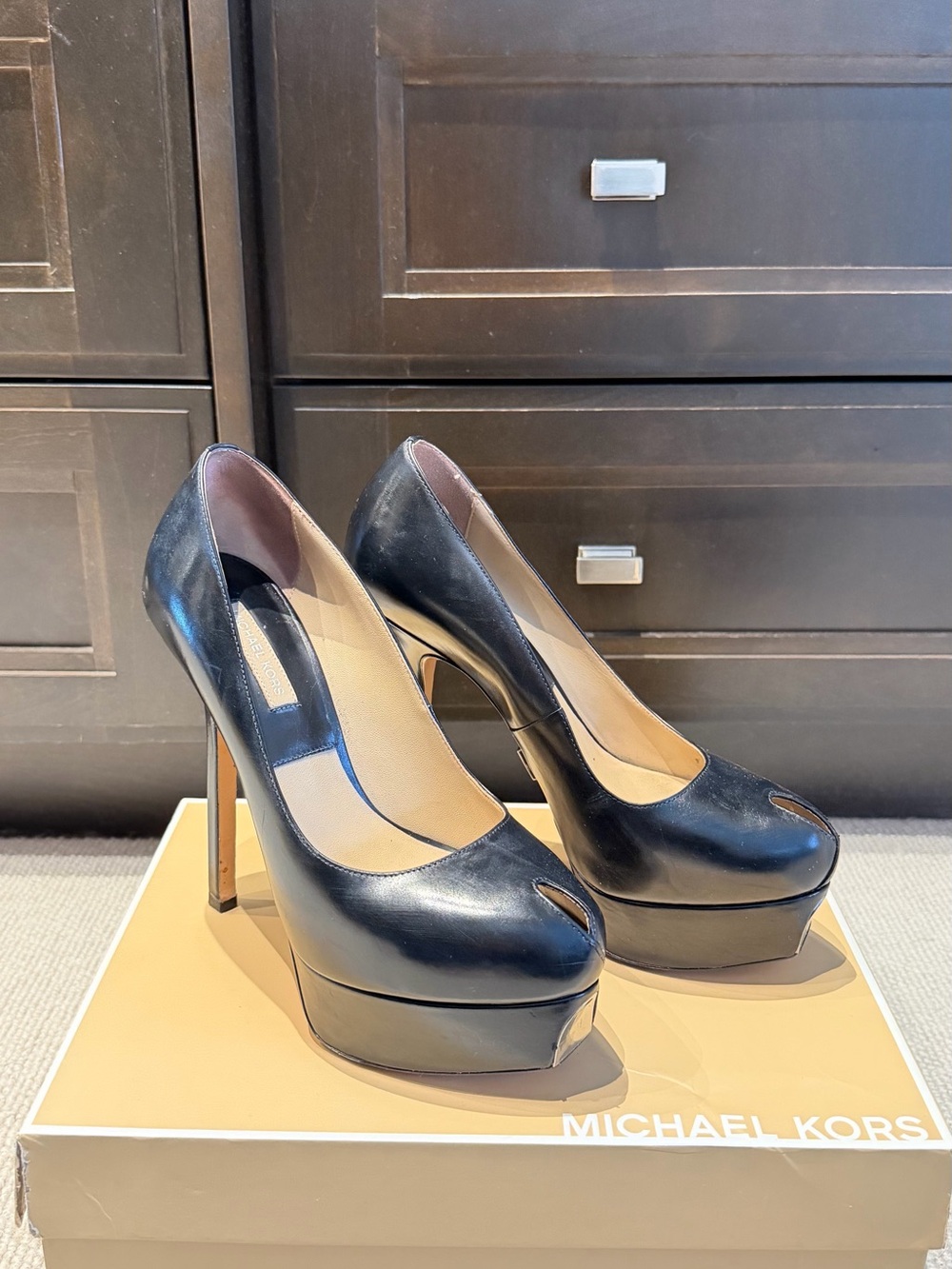 Michael Kors Black Leather Platform Peep-Toe Pump